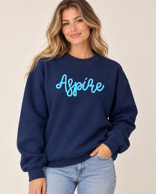 Aspire Yarn Script Crewneck Sweatshirt – Navy & Light Blue
